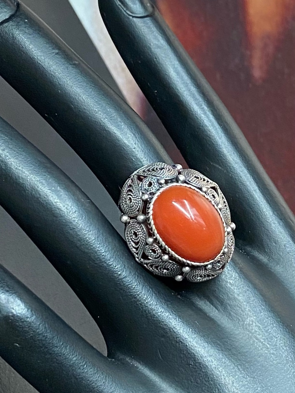 Vintage Carnelian Filigree Silver 925 Ring Size 8.5